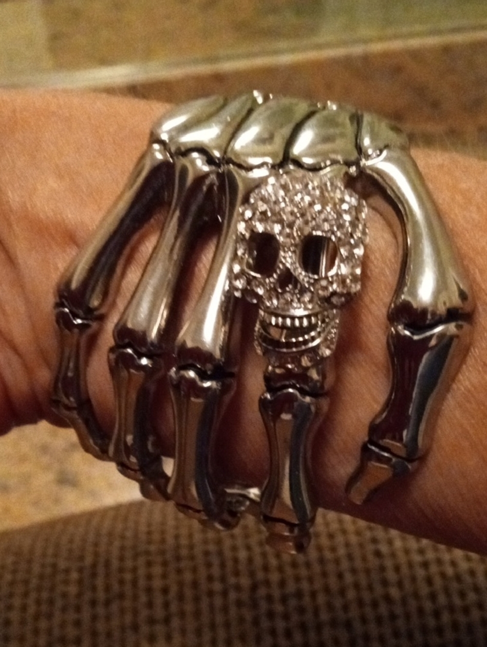 Skeleton Hand Bracelet with Pave Skull - Polished Chrome Color. Hinge Open